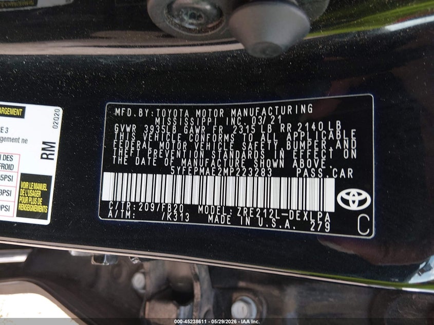 2021 Toyota Corolla VIN 5YFEPMAE2MP223283 IAAI salvage auction — FRONT END, Salvage Title, sold $4,100 on 2026-07-20 (photo 9)