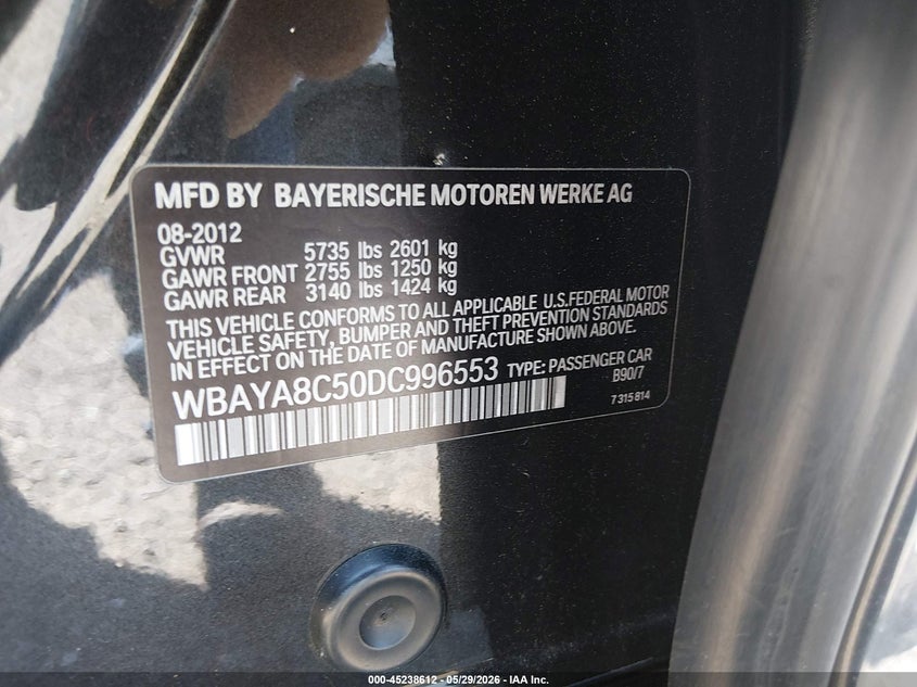 2013 BMW 7er VIN WBAYA8C50DC996553 IAAI salvage auction — FRONT END, Salvage Title, sold $1,050 on 2026-07-06 (photo 9)