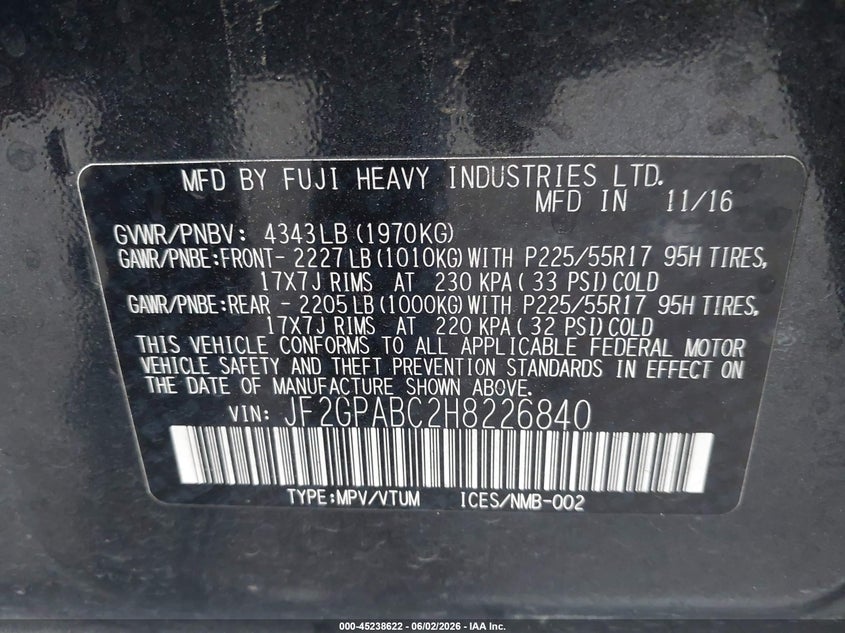 2017 Subaru Xv VIN JF2GPABC2H8226840 IAAI salvage auction — LEFT FRONT, Salvage Title, sold $1,100 on 2026-07-24 (photo 9)