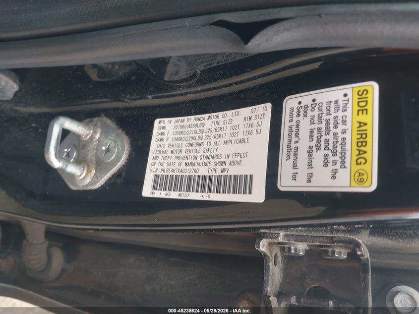 2010 Honda Cr-v VIN JHLRE4H7XAC012760 IAAI salvage auction — LEFT FRONT, Salvage (Massachusetts), sold $50 on 2026-07-24 (photo 9)