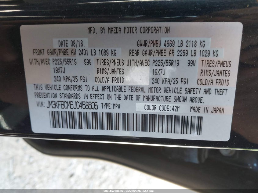 2018 Mazda Cx-5 VIN JM3KFBCM6J0458605 IAAI salvage auction — RIGHT FRONT, Salvage (Ohio), sold $4,750 on 2026-07-28 (photo 9)
