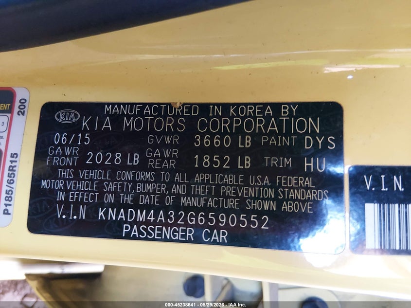 2016 Kia Rio VIN KNADM4A32G6590552 IAAI salvage auction — FRONT END, Salvage Title, sold $875 on 2026-07-07 (photo 9)