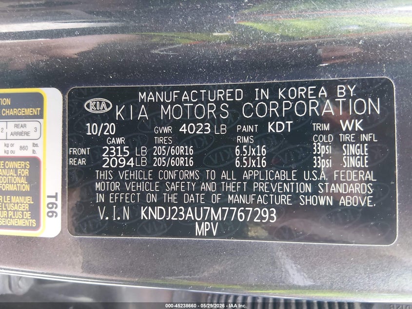2021 Kia Soul VIN KNDJ23AU7M7767293 IAAI salvage auction — FRONT END, Salvage Title, sold $2,100 on 2026-07-28 (photo 9)