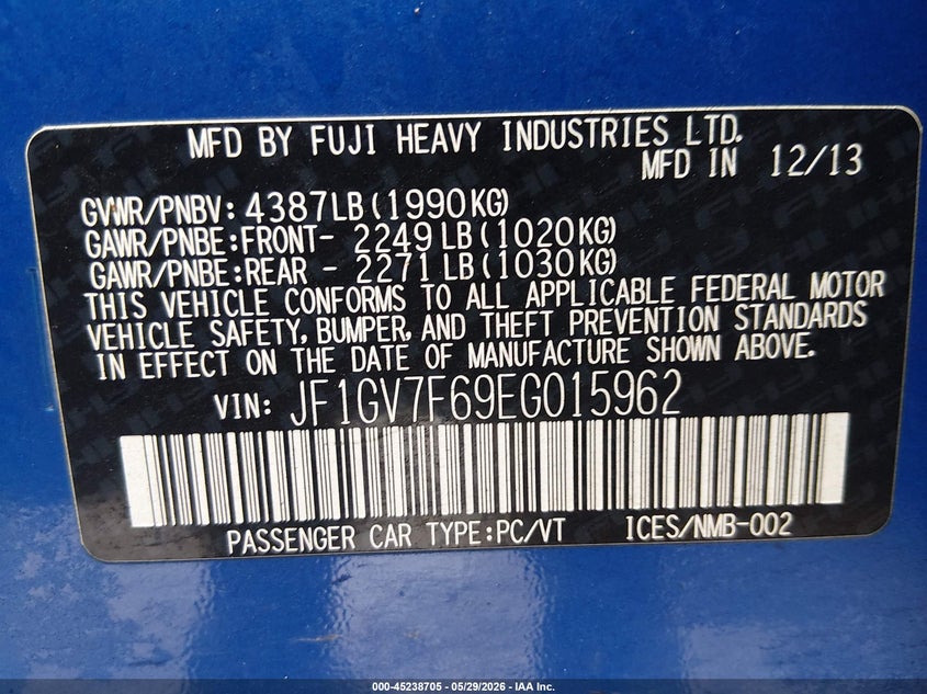 2014 Subaru Impreza wrx VIN JF1GV7F69EG015962 IAAI salvage auction — FRONT END, Salvage Title, sold $2,575 on 2026-07-15 (photo 9)