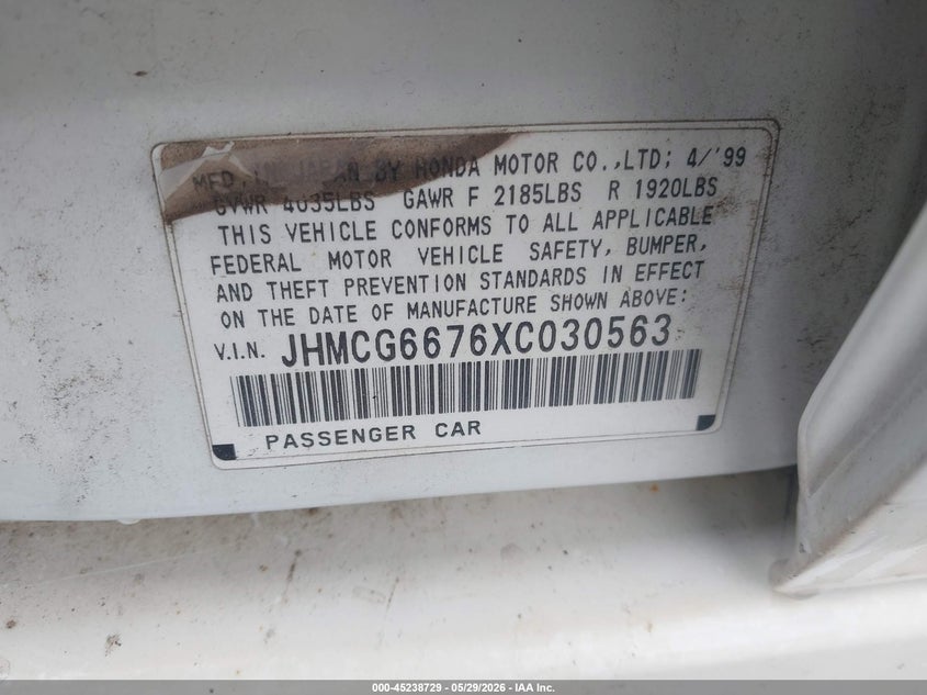 1999 Honda Accord VIN JHMCG6676XC030563 IAAI salvage auction — NORMAL WEAR, Clear (Oklahoma), sold $125 on 2026-07-08 (photo 9)