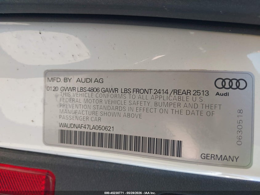 2020 Audi A4 VIN WAUDNAF47LA050621 IAAI salvage auction — FRONT END, Salvage Title, sold $9,700 on 2026-07-16 (photo 9)