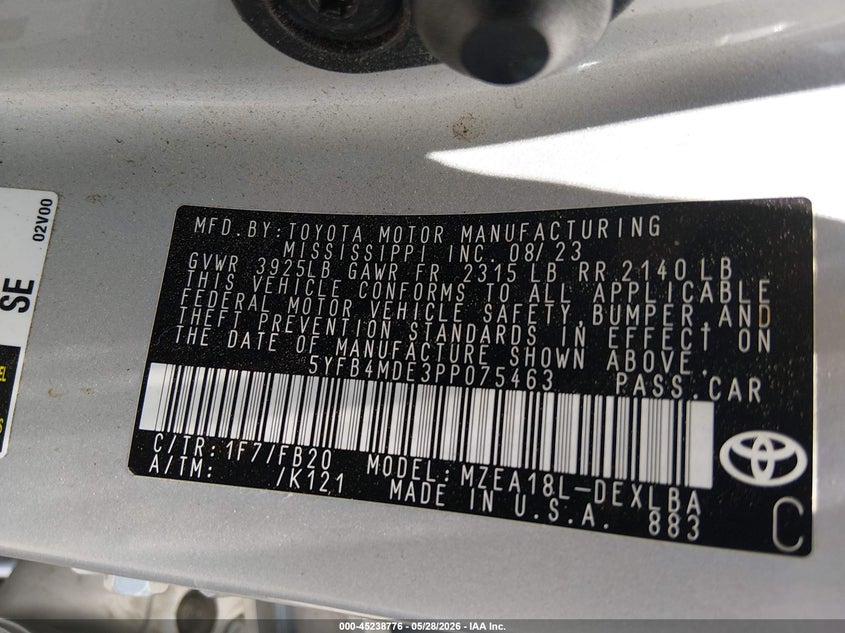2023 Toyota Corolla VIN 5YFB4MDE3PP075463 IAAI salvage auction — REAR END, Salvage Title, sold $6,200 on 2026-07-15 (photo 9)