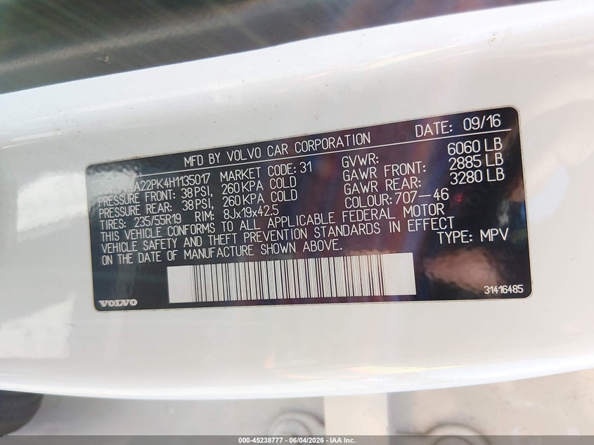 2017 Volvo Xc90 VIN YV4A22PK4H1135017 IAAI salvage auction — MECHANICAL, Salvage Title, sold $4,775 on 2026-07-14 (photo 9)