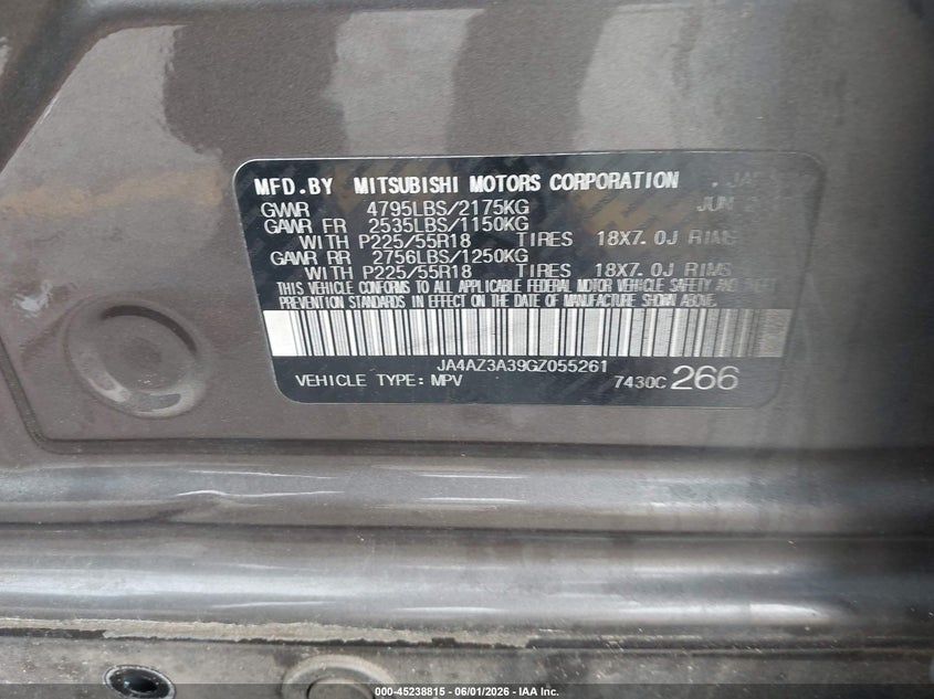 2016 Mitsubishi Outlander VIN JA4AZ3A39GZ055261 IAAI salvage auction — LEFT FRONT, Salvage Title, sold $1,300 on 2026-07-22 (photo 9)