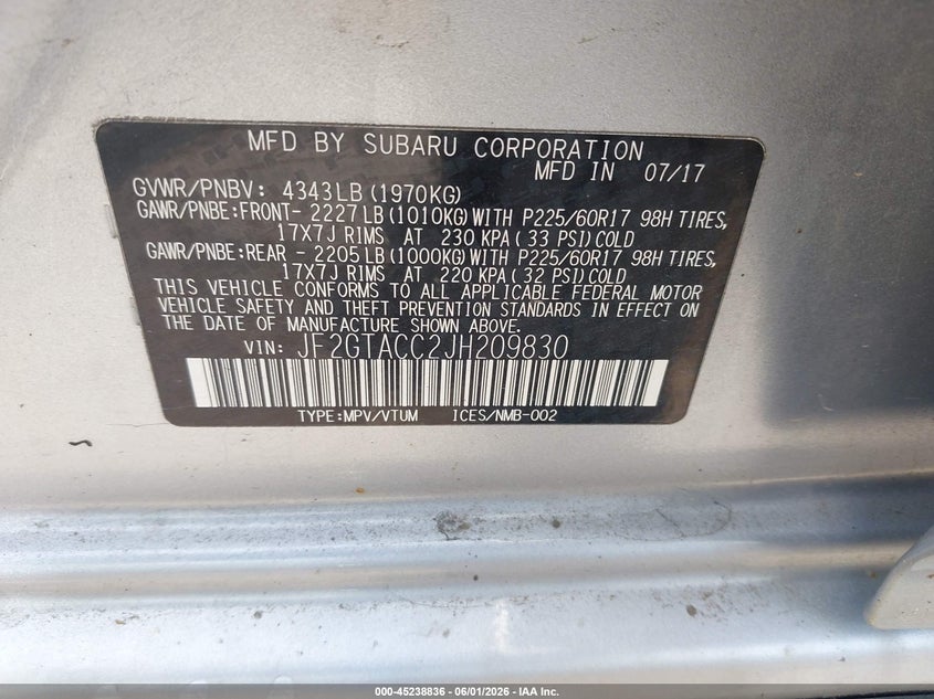 2018 Subaru Xv VIN JF2GTACC2JH209830 IAAI salvage auction — RIGHT FRONT, Salvage Title, sold $2,000 on 2026-07-20 (photo 9)