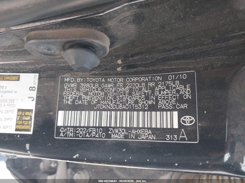 2010 Toyota Prius VIN JTDKN3DU8A0115312 IAAI salvage auction — NORMAL WEAR, Salvage (Texas), sold $650 on 2026-07-30 (photo 9)