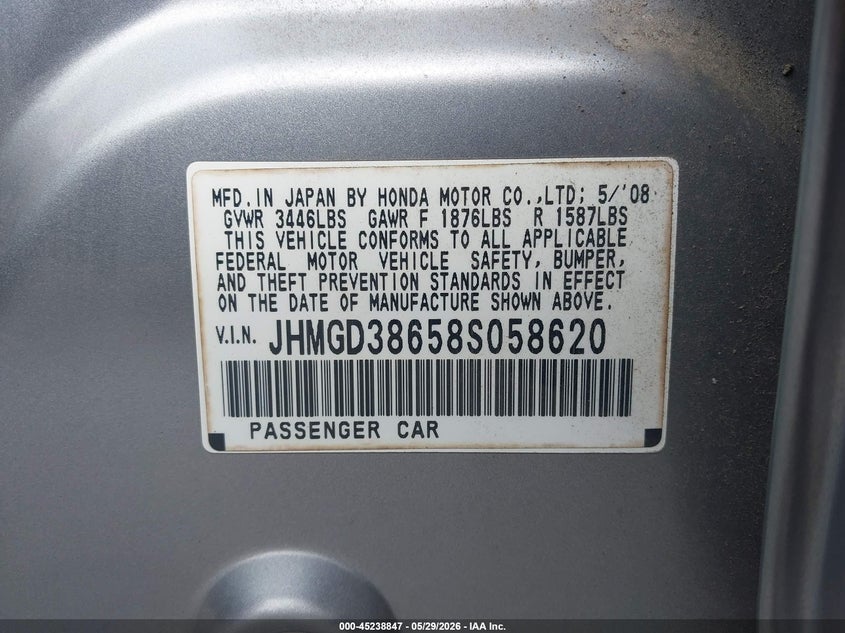 2008 Honda Fit VIN JHMGD38658S058620 IAAI salvage auction — FRONT & REAR, Clear (Arkansas), sold $1,250 on 2026-07-08 (photo 9)
