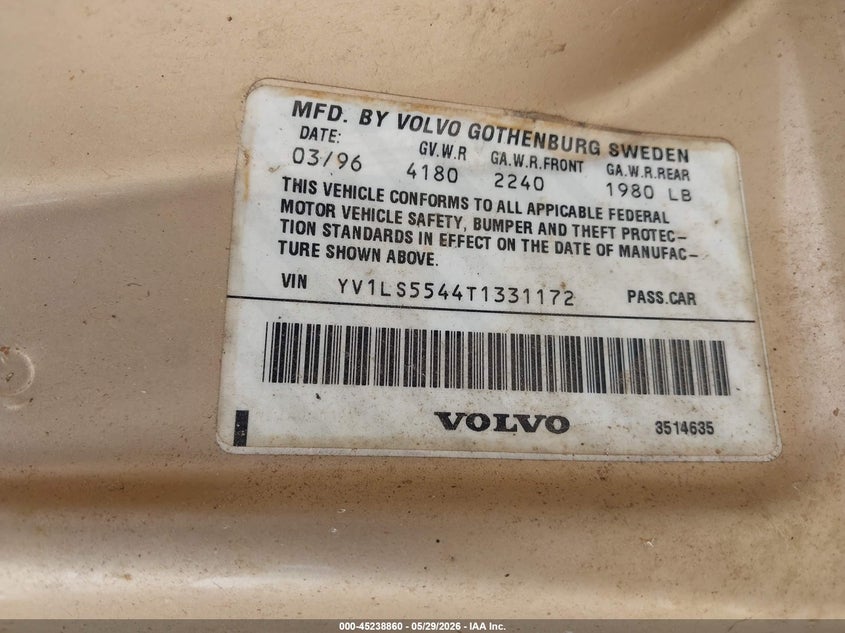 1996 Volvo 850 VIN YV1LS5544T1331172 IAAI salvage auction — FRONT END, Salvage (Georgia), sold $275 on 2026-07-17 (photo 9)