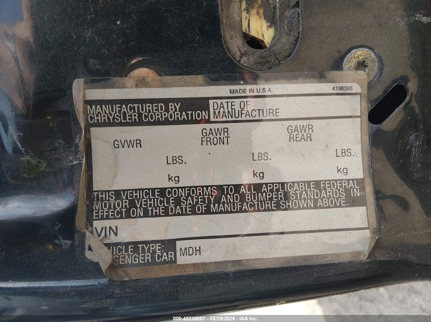 1985 Chrysler Lebaron VIN 1C3BC56D3FF201537 IAAI salvage auction — ENGINE BURN, Salvage (Illinois), sold $200 on 2026-07-08 (photo 9)