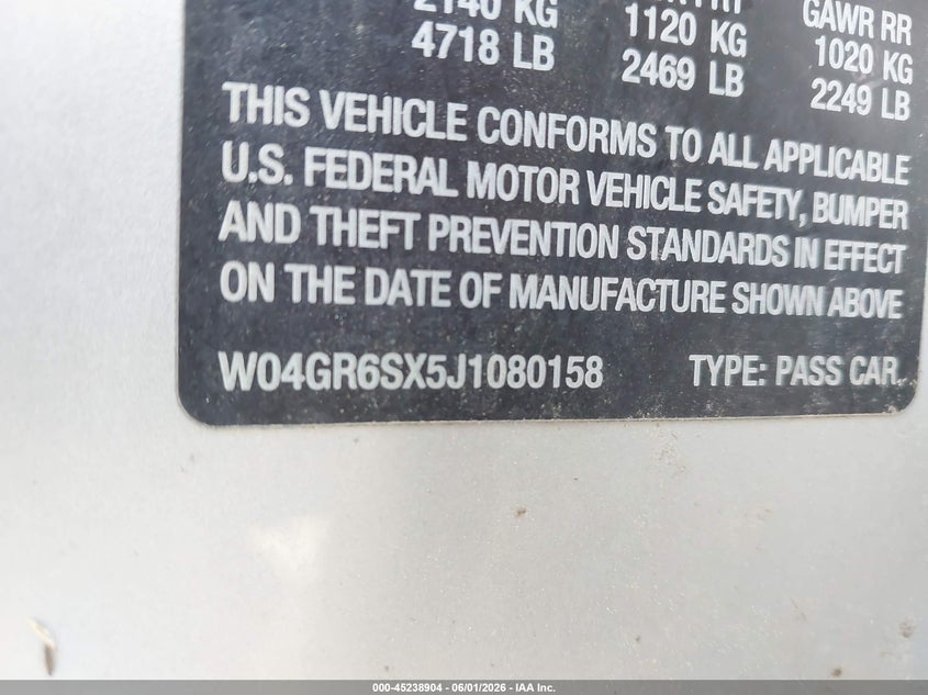 2018 Buick Regal VIN W04GR6SX5J1080158 IAAI salvage auction — WATER/FLOOD, Salvage Title, sold $1,550 on 2026-07-09 (photo 9)