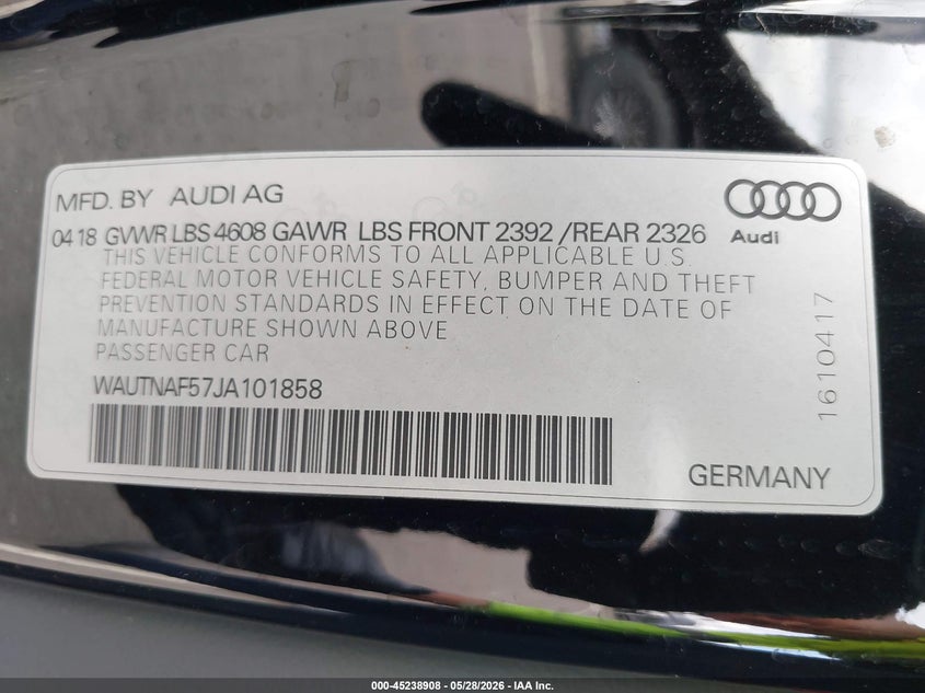 2018 Audi A5 VIN WAUTNAF57JA101858 IAAI salvage auction — LEFT FRONT, Salvage Title, sold $5,300 on 2026-07-07 (photo 9)