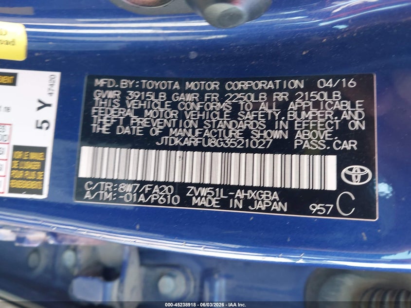 2016 Toyota Prius VIN JTDKARFU8G3521027 IAAI salvage auction — HAIL, Salvage Title, sold $2,700 on 2026-07-06 (photo 9)