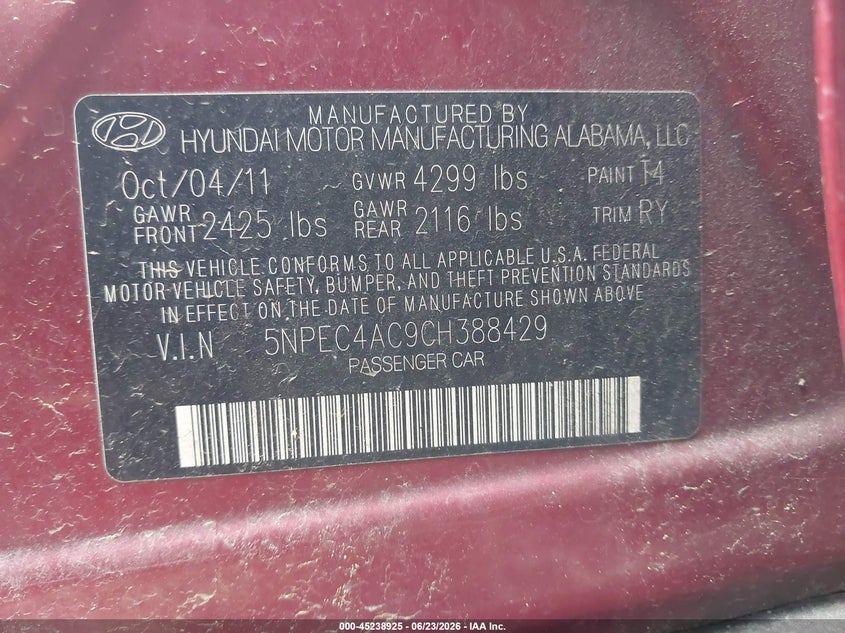 2012 Hyundai Sonata VIN 5NPEC4AC9CH388429 IAAI salvage auction — FRONT END, Repossession Paperwork (Georgia), sold $375 on 2026-07-07 (photo 9)