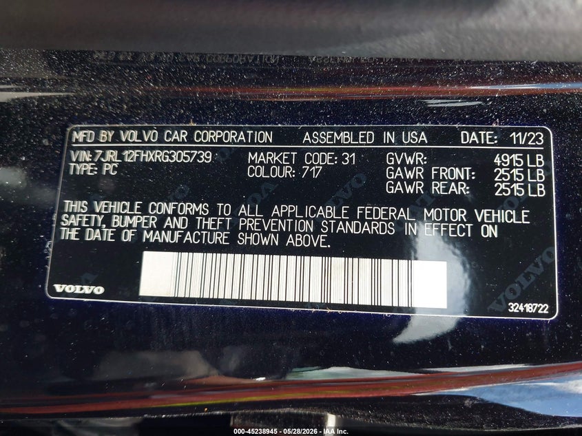 2024 Volvo S60 VIN 7JRL12FHXRG305739 IAAI salvage auction — FRONT & REAR, Salvage Title, sold $5,350 on 2026-07-29 (photo 9)
