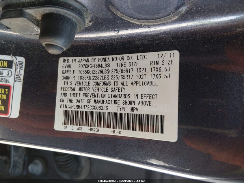 2012 Honda Cr-v VIN JHLRM4H72CC008336 IAAI salvage auction — FRONT END, Salvage Title, sold $4,850 on 2026-07-08 (photo 9)