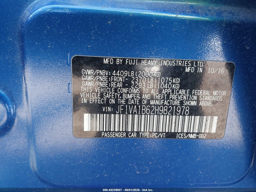 2017 Subaru Wrx VIN JF1VA1B62H9821978 IAAI salvage auction — FRONT END, Salvage (Massachusetts), sold $2,500 on 2026-07-31 (photo 9)