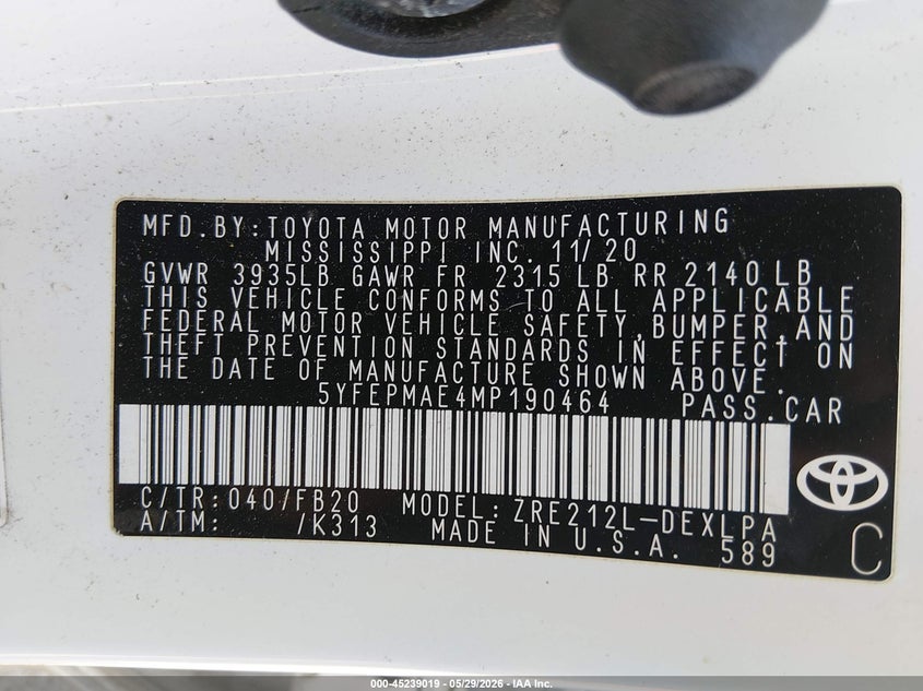 2021 Toyota Corolla VIN 5YFEPMAE4MP190464 IAAI salvage auction — REAR END, Salvage Title, sold $5,100 on 2026-07-16 (photo 9)