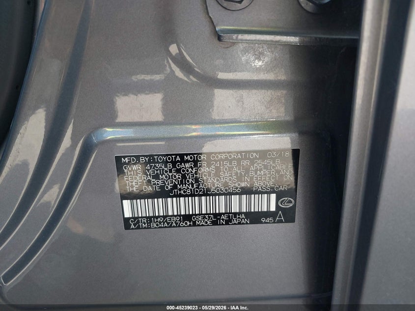 2018 Lexus Is VIN JTHC81D21J5030456 IAAI salvage auction — RIGHT REAR, Salvage Title, sold $5,450 on 2026-07-27 (photo 9)