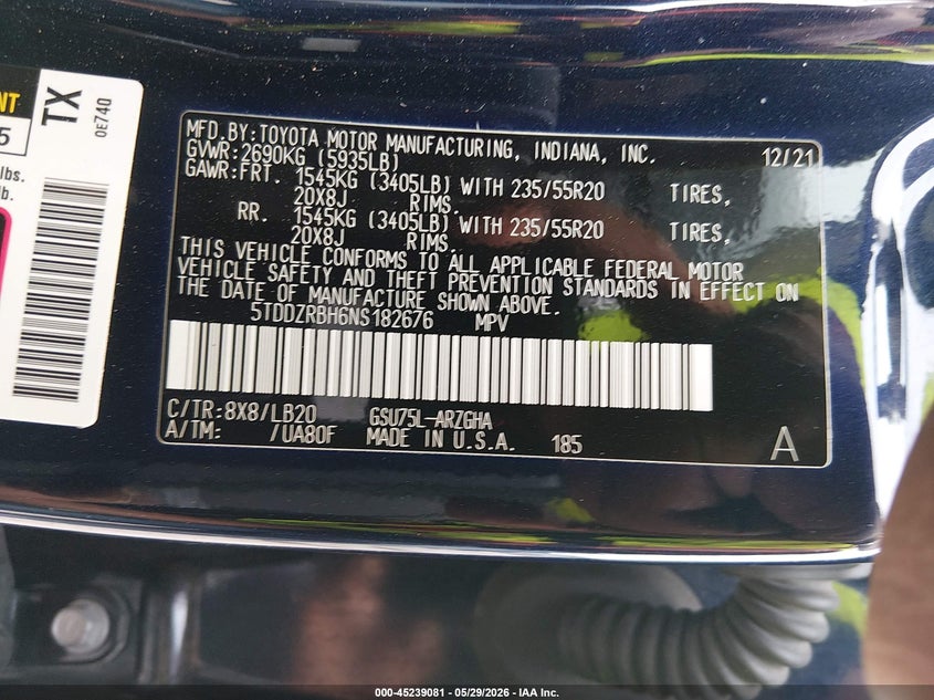 2022 Toyota Highlander VIN 5TDDZRBH6NS182676 IAAI salvage auction — RIGHT REAR, Salvage (Illinois), sold $18,050 on 2026-07-07 (photo 9)