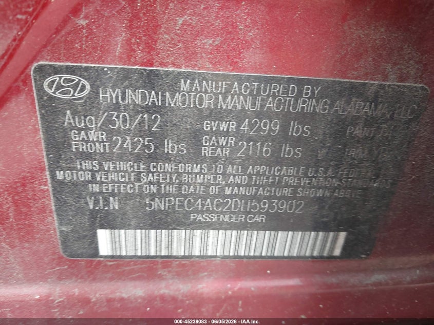 2013 Hyundai Sonata VIN 5NPEC4AC2DH593902 IAAI salvage auction — FRONT END, Salvage Title, sold $825 on 2026-07-09 (photo 9)