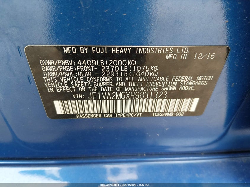2017 Subaru Wrx sti VIN JF1VA2M6XH9831323 IAAI salvage auction — UNKNOWN, Salvage Title, sold $7,700 on 2026-07-15 (photo 9)