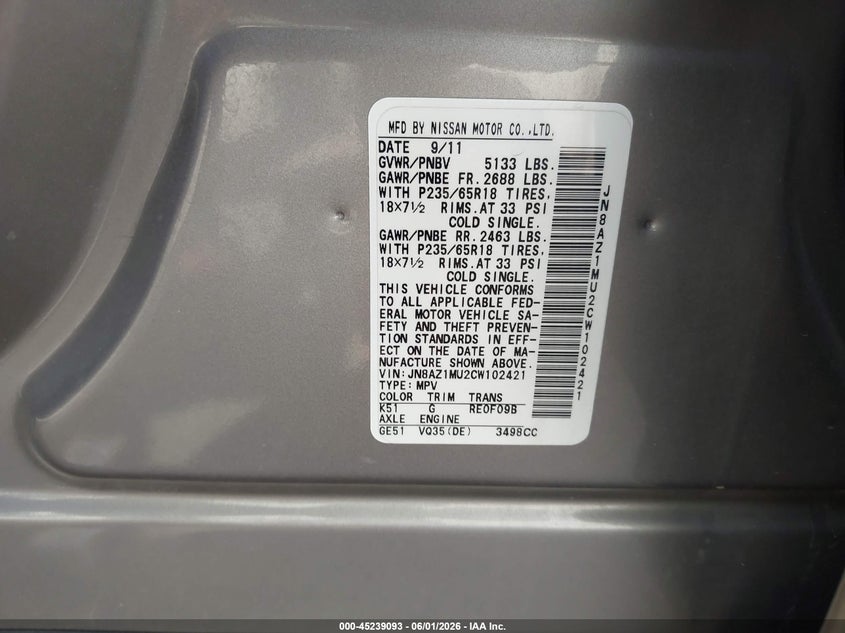 2012 Nissan Murano VIN JN8AZ1MU2CW102421 IAAI salvage auction — LEFT & RIGHT, Salvage Title, sold $400 on 2026-07-13 (photo 9)
