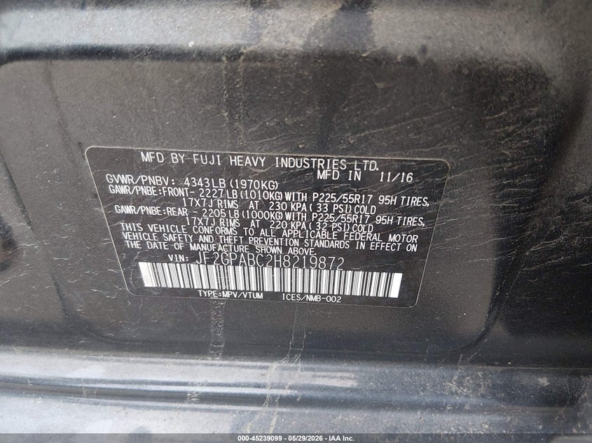 2017 Subaru Xv VIN JF2GPABC2H8219872 IAAI salvage auction — FRONT END, Salvage (New Hampshire), sold $300 on 2026-07-29 (photo 8)