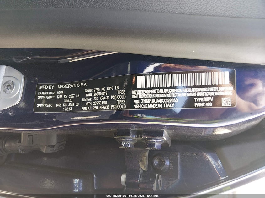 2019 Maserati Levante VIN ZN661XUA4KX322653 IAAI salvage auction — FRONT END, Salvage (Pennsylvania), sold $7,100 on 2026-07-31 (photo 9)