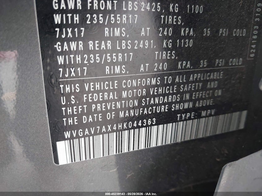 2017 Volkswagen Tiguan VIN WVGAV7AX4HK044363 IAAI salvage auction — REAR END, Salvage Title, sold $1,650 on 2026-07-08 (photo 9)