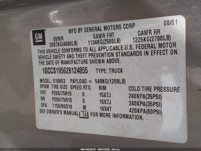 2002 Chevrolet S-10 pickup VIN 1GCCS195628124855 IAAI salvage auction — NORMAL WEAR, Clear (Washington), sold $450 on 2026-07-08 (photo 9)