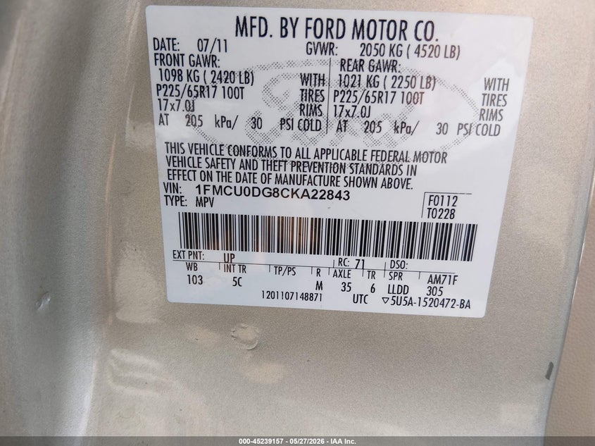 2012 Ford Escape VIN 1FMCU0DG8CKA22843 IAAI salvage auction — REAR END, Salvage Title, sold $1,650 on 2026-07-22 (photo 9)