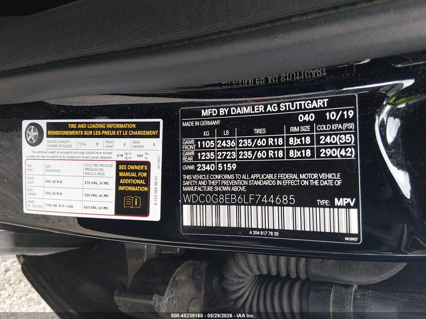 2020 Mercedes-benz VIN WDC0G8EB6LF744685 IAAI salvage auction — FRONT END, Salvage Title, sold $5,400 on 2026-07-30 (photo 9)