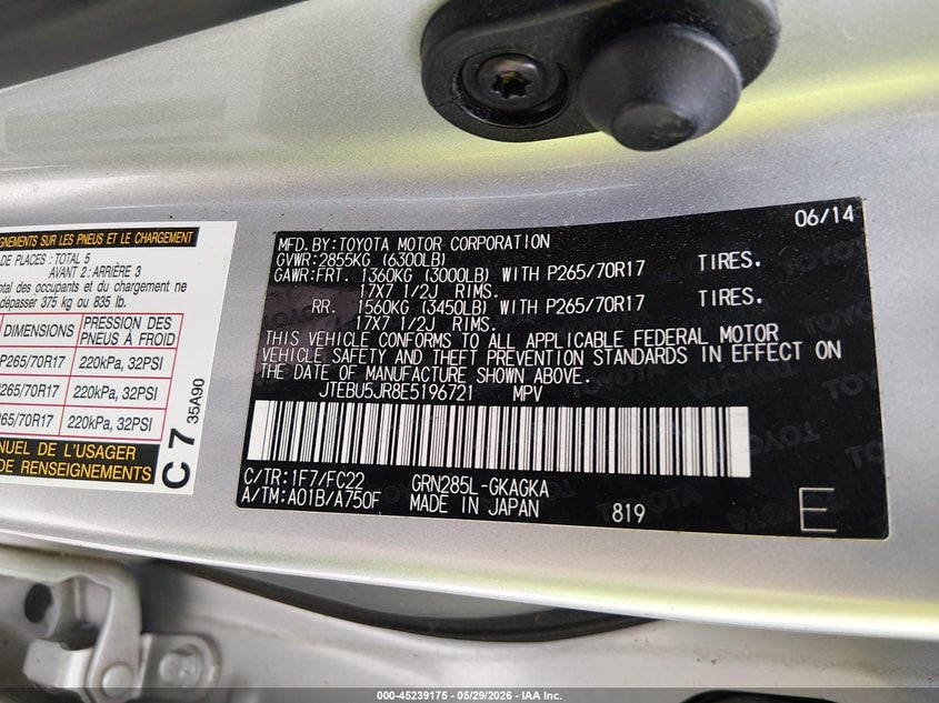 2014 Toyota 4runner VIN JTEBU5JR8E5196721 IAAI salvage auction — FRONT END, Salvage Title, sold $6,600 on 2026-07-17 (photo 9)