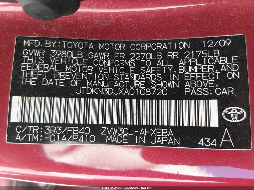 2010 Toyota Prius VIN JTDKN3DUXA0108720 IAAI salvage auction — FRONT END, Original (Texas), sold $1,000 on 2026-07-28 (photo 9)