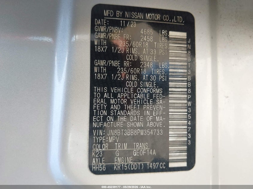 2023 Nissan Rogue VIN JN8BT3BB8PW354733 IAAI salvage auction — HAIL, Salvage Title, sold $8,500 on 2026-07-29 (photo 9)