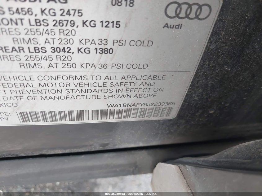 2018 Audi Q5 VIN WA1BNAFY9J2239365 IAAI salvage auction — FRONT END, Salvage (Texas), sold $3,750 on 2026-07-22 (photo 9)