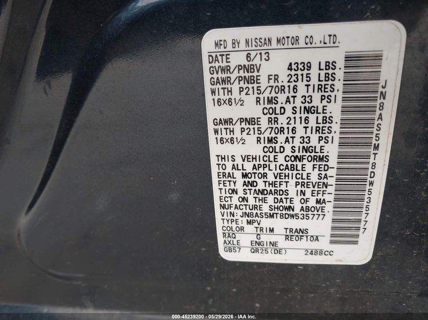 2013 Nissan Rogue VIN JN8AS5MT8DW535777 IAAI salvage auction — FRONT END, Salvage (Texas), sold $250 on 2026-07-14 (photo 9)