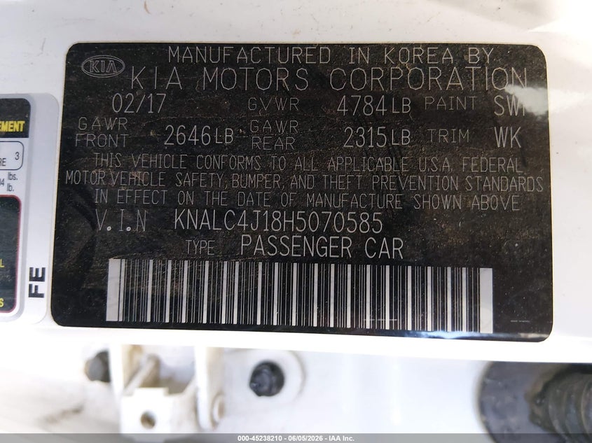 2017 Kia Cadenza VIN KNALC4J18H5070585 IAAI salvage auction — FRONT END, Salvage Title, sold $2,000 on 2026-07-23 (photo 9)