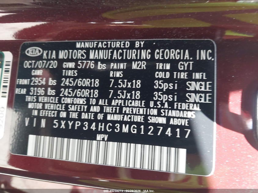 2021 Kia Telluride VIN 5XYP34HC3MG127417 IAAI salvage auction — ROOF, Salvage Title, sold $4,250 on 2026-07-16 (photo 9)