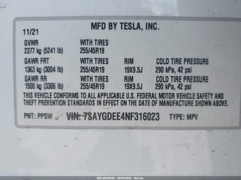 2022 Tesla Model y VIN 7SAYGDEE4NF316023 IAAI salvage auction — FRONT END, Original (Texas), sold $10,750 on 2026-07-22 (photo 9)