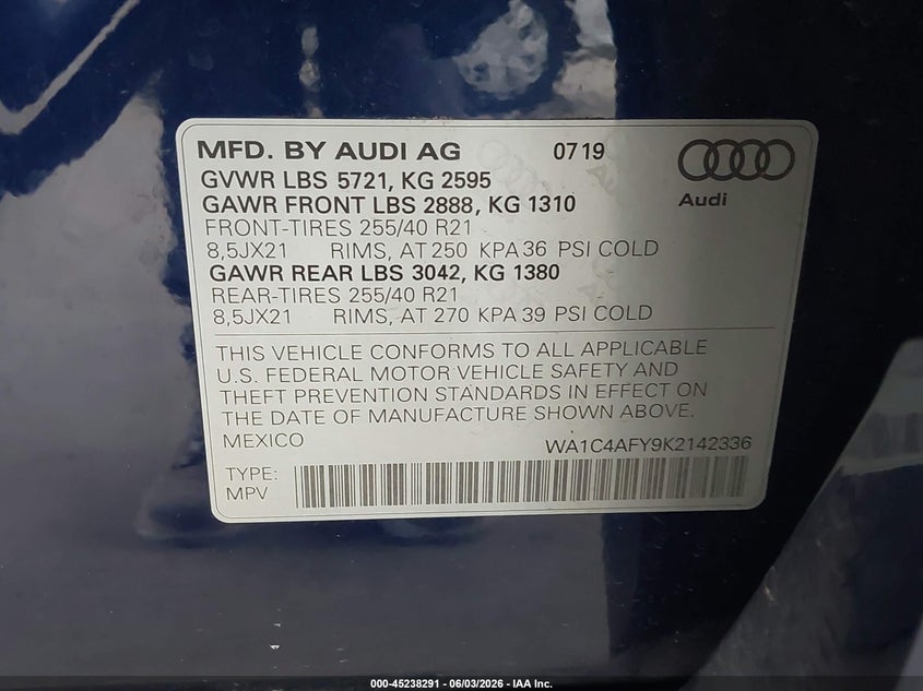 2019 Audi Sq5 VIN WA1C4AFY9K2142336 IAAI salvage auction — LEFT FRONT, Salvage Title, sold $8,700 on 2026-07-08 (photo 9)
