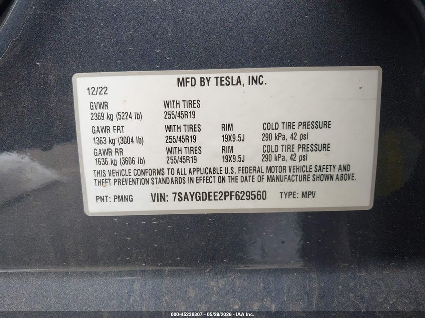 2023 Tesla Model y VIN 7SAYGDEE2PF629560 IAAI salvage auction — FRONT END, Salvage Title, sold $8,000 on 2026-07-29 (photo 9)