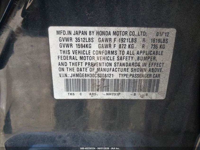 2012 Honda Fit VIN JHMGE8H30CS008121 IAAI salvage auction — FRONT END, Salvage Title, sold $450 on 2026-07-10 (photo 9)