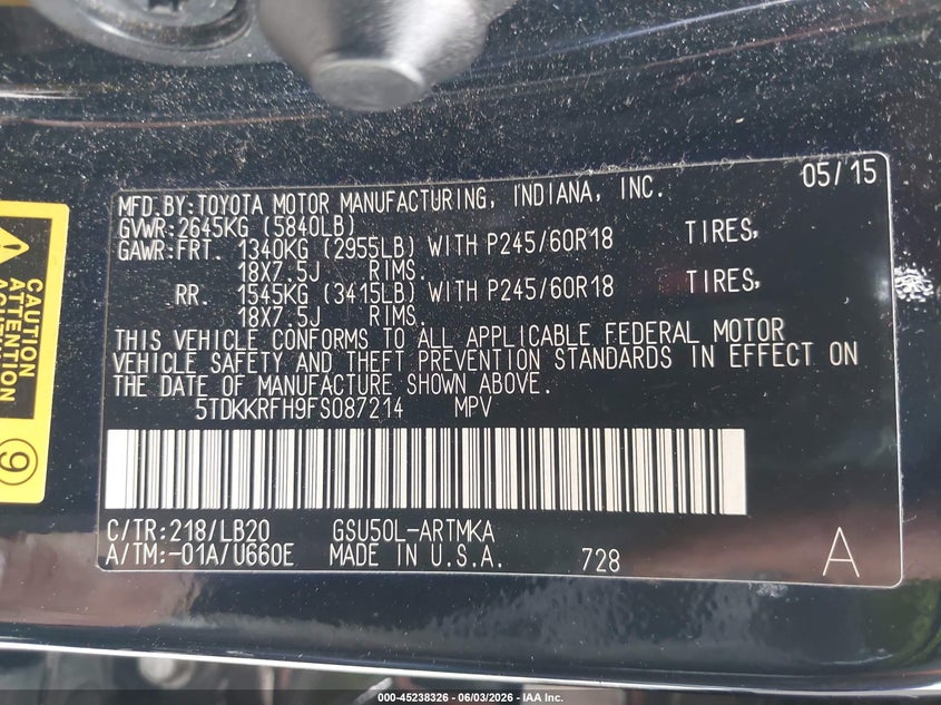 2015 Toyota Highlander VIN 5TDKKRFH9FS087214 IAAI salvage auction — FRONT & REAR, Salvage Title, sold $5,850 on 2026-07-08 (photo 9)