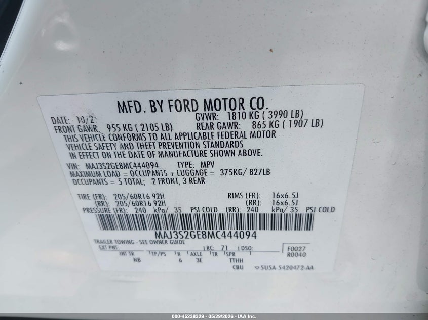 2021 Ford Ecosport VIN MAJ3S2GE8MC444094 IAAI salvage auction — LEFT & RIGHT, Salvage Title, sold $50 on 2026-07-24 (photo 9)